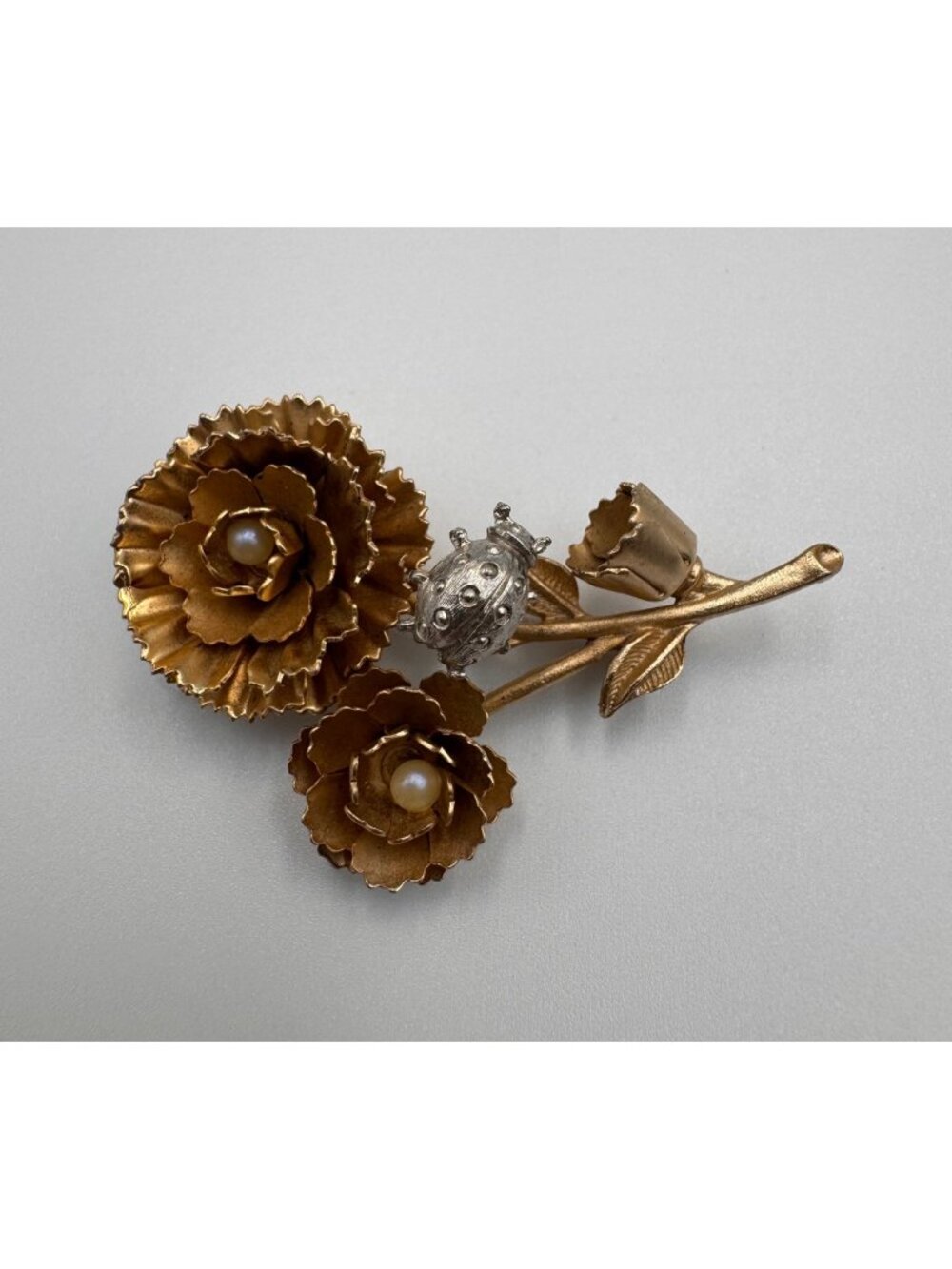 Vintage Trembler Ladybug Flower Brooch Faux Pearl Gold Tone Figural